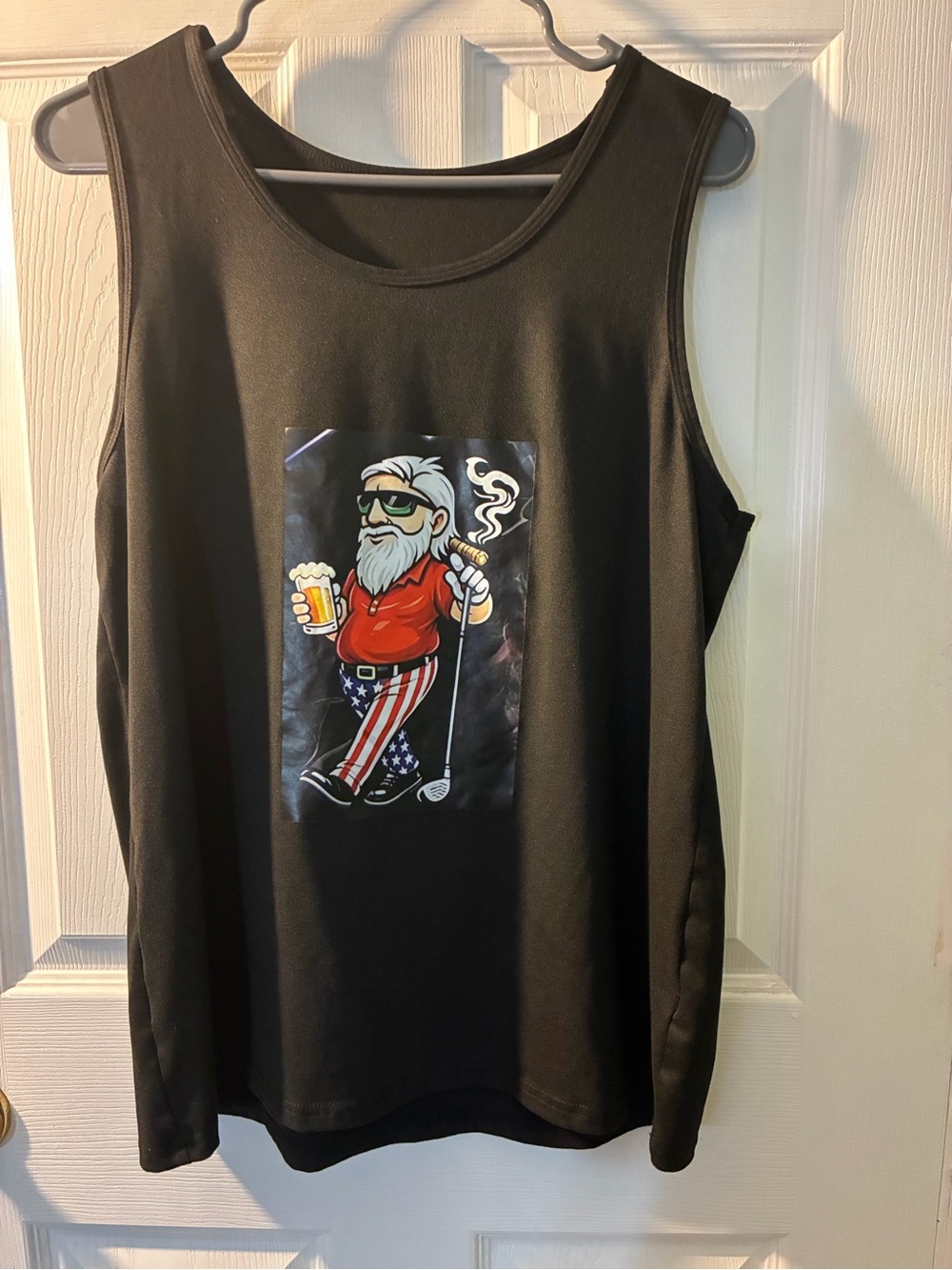 Women’s Black Graphic Tank Top with Patriotic Golf Santa Print